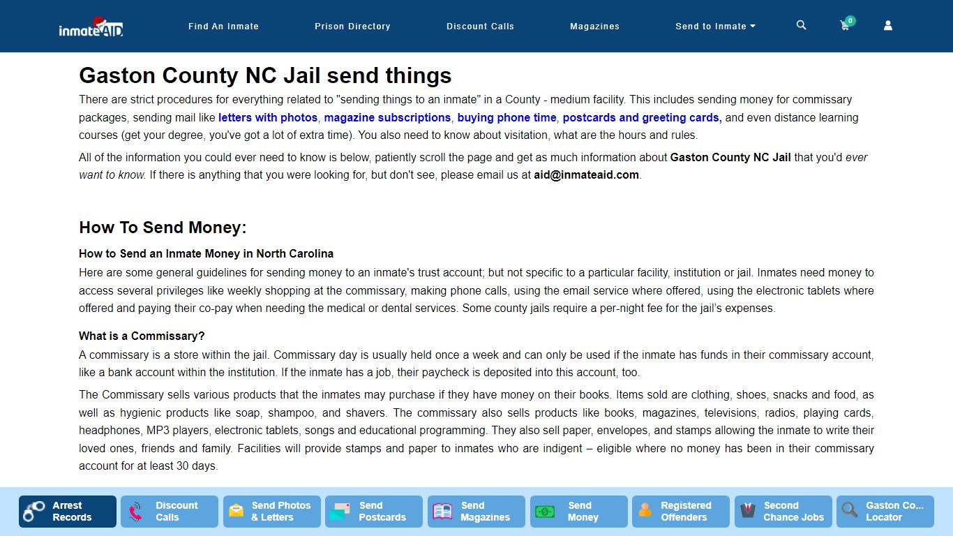 Gaston County NC Jail send things - InmateAid